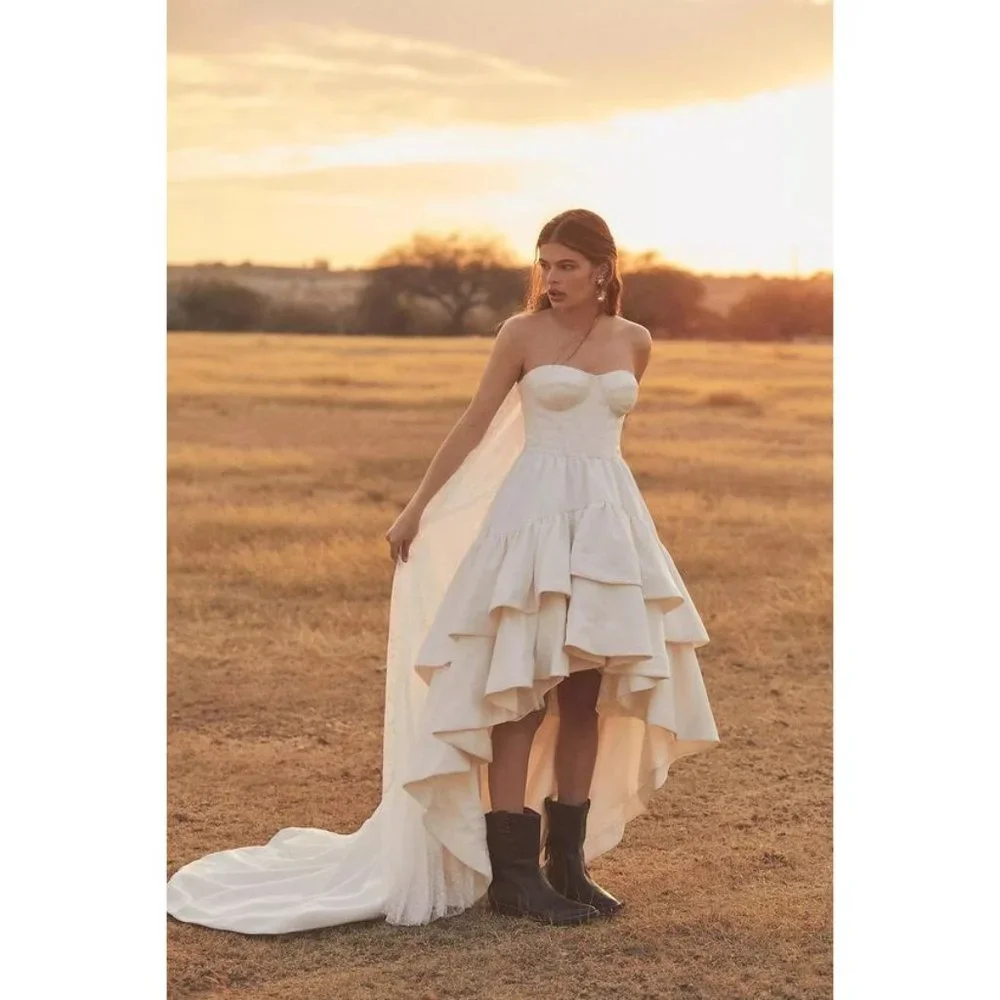 BHLDN Ivory Strapless High-Low Ruffle Bridal Dress - Picture 7 of 8